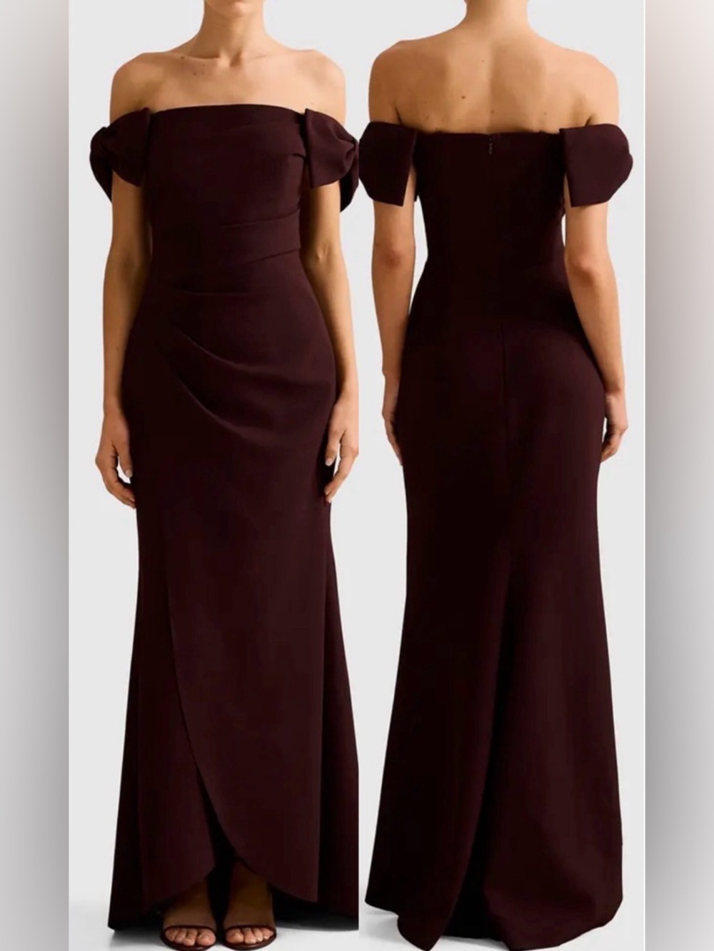 NEW EVER NEW Kalee Bow Trim Off the Shoulder Brown Gown Sz 4